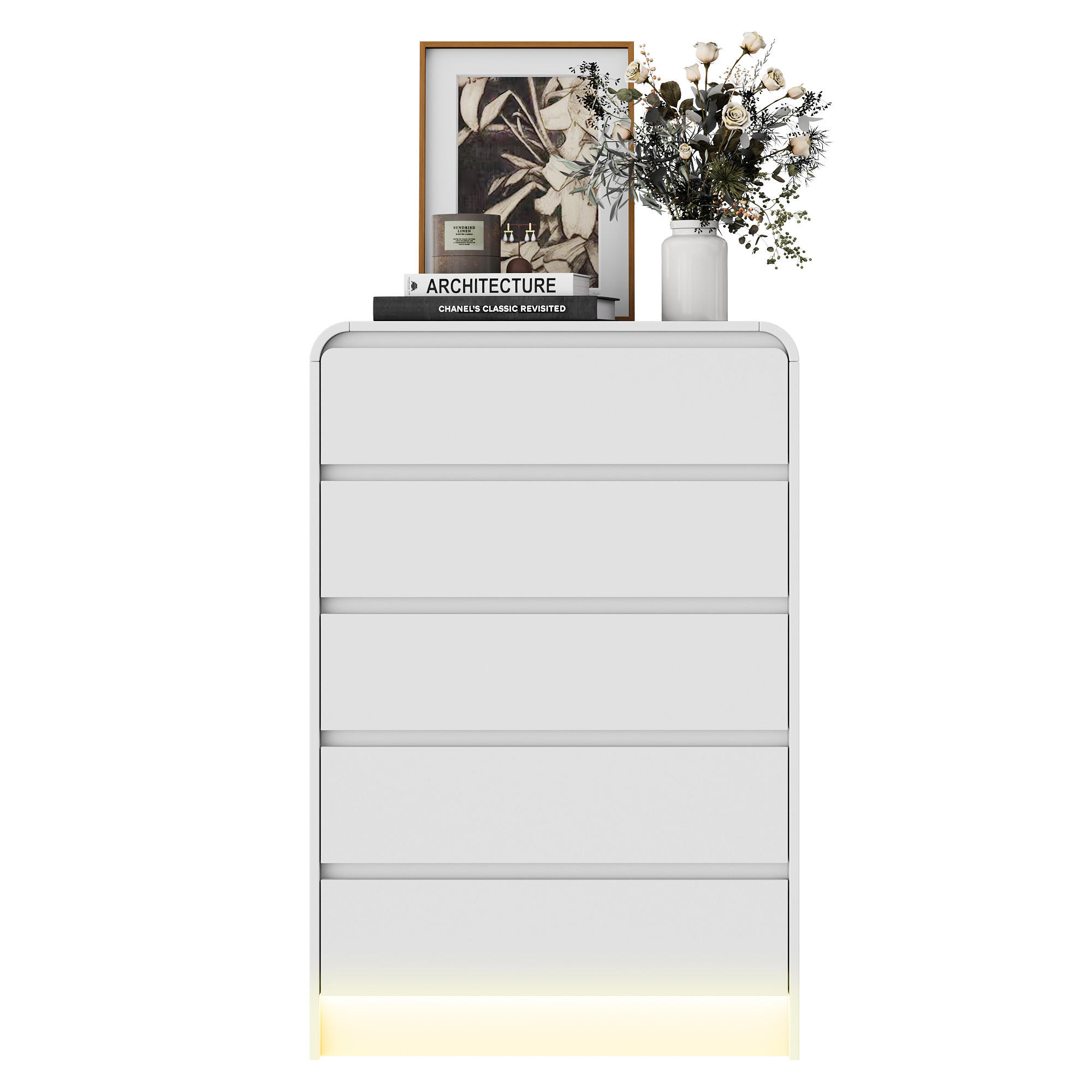 KOMMODE 5 Schubladen, minimalistisch, LED, leise Schubladen, Metallführungen, Anti-Kipp, weiß - Weiß, Holz (73/110/40cm) - EuroLiving