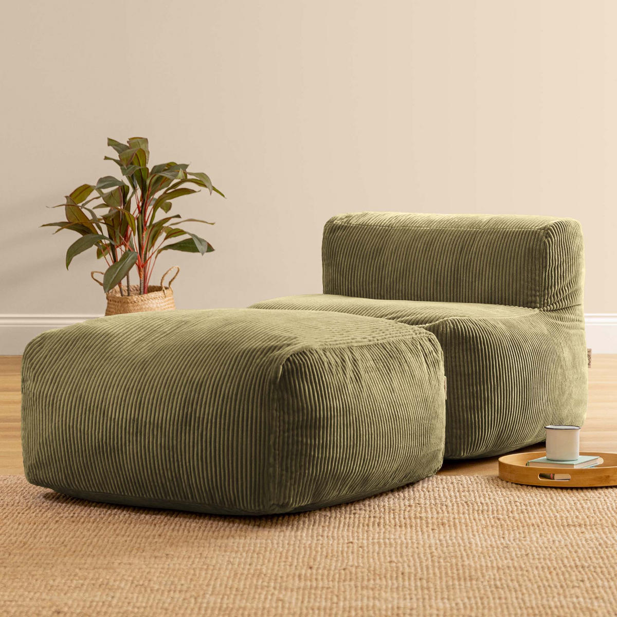SITZSACK-SOFA 2-tlg.: Ecksessel, Fußstütze - Grün, Textil (185/46/95cm) - icon