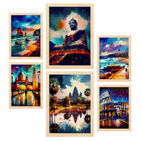POSTER Set Mit 6 Feuchte Im Ölgemälde Stil A3 & A4 Rahmen Aus Hellem Holz - Beige, Papier (29/3cm) - Nacnic