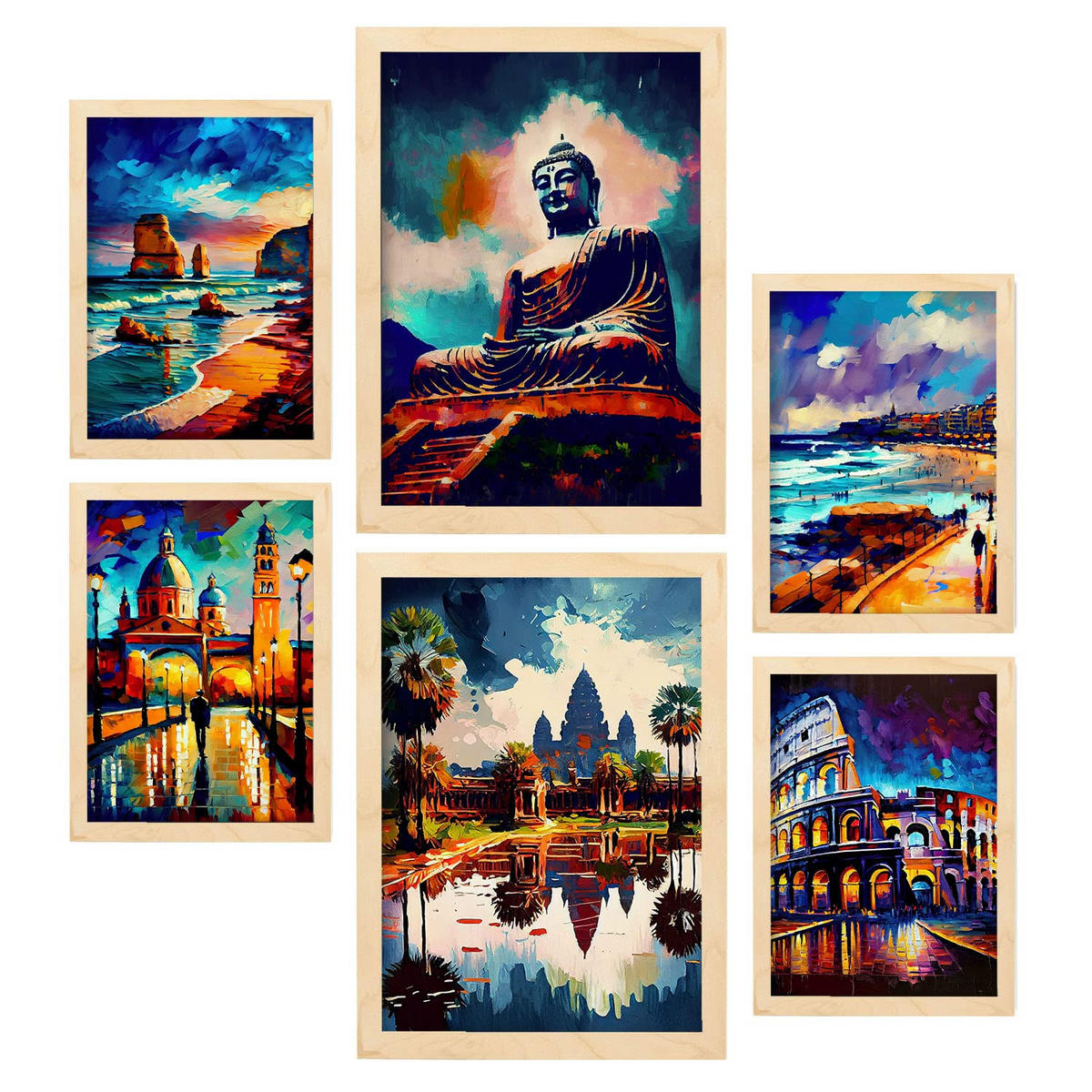 POSTER Set Mit 6 Feuchte Im Ölgemälde Stil A3 & A4 Rahmen Aus Hellem Holz - Beige, Papier (29/3cm) - Nacnic