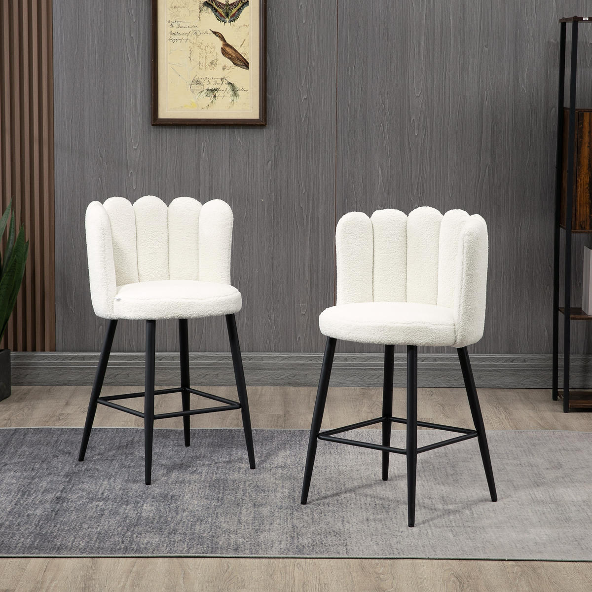 BARHOCKER 2er-Set DE-14722 mit Boucle-Bezug & Fußstütze Creme/Schwarz - Weiß, Metall (50/93/52cm) - ComfortXL