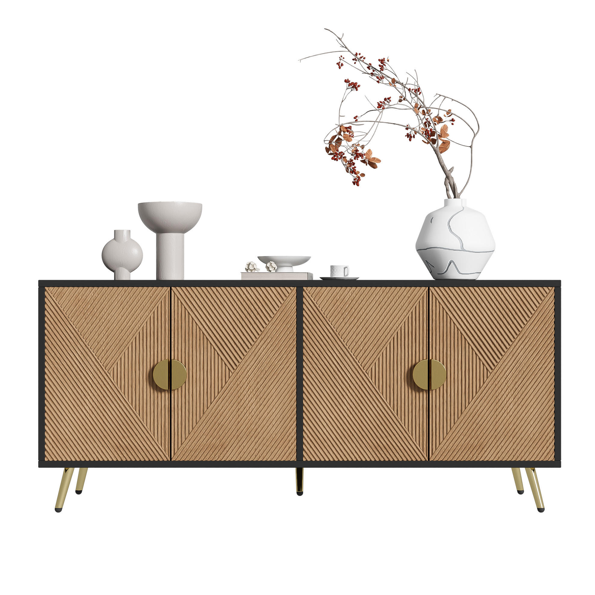 SIDEBOARD 160/40/75 cm aus MDF und Holzwerkstoff mit Sanftschluss und goldfarbenen Griffen Schwarz/Holzfarben - Schwarz, Holzwerkstoff (160/75/40cm) - Modenvie