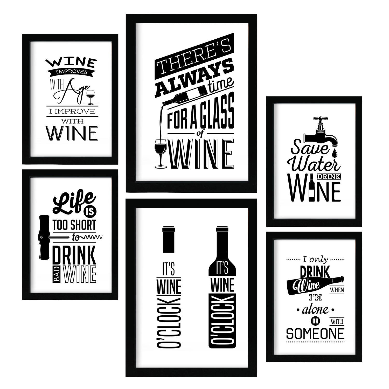 POSTER Set Mit 6 Wein 2 Vollfarbige Illustrationen Von Kaffee & Getränken Im Werbetafel Illustrationen Für & Heim A3 & A4 Schwarzer Rahmen - Schwarz, Papier (29/3cm) - Nacnic