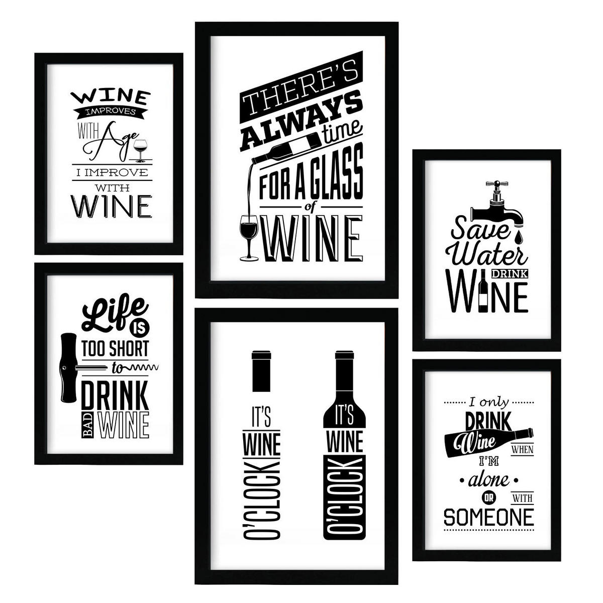 POSTER Set Mit 6 Wein 2 Vollfarbige Illustrationen Von Kaffee & Getränken Im Werbetafel Illustrationen Für & Heim A3 & A4 Schwarzer Rahmen - Schwarz, Papier (29/3cm) - Nacnic