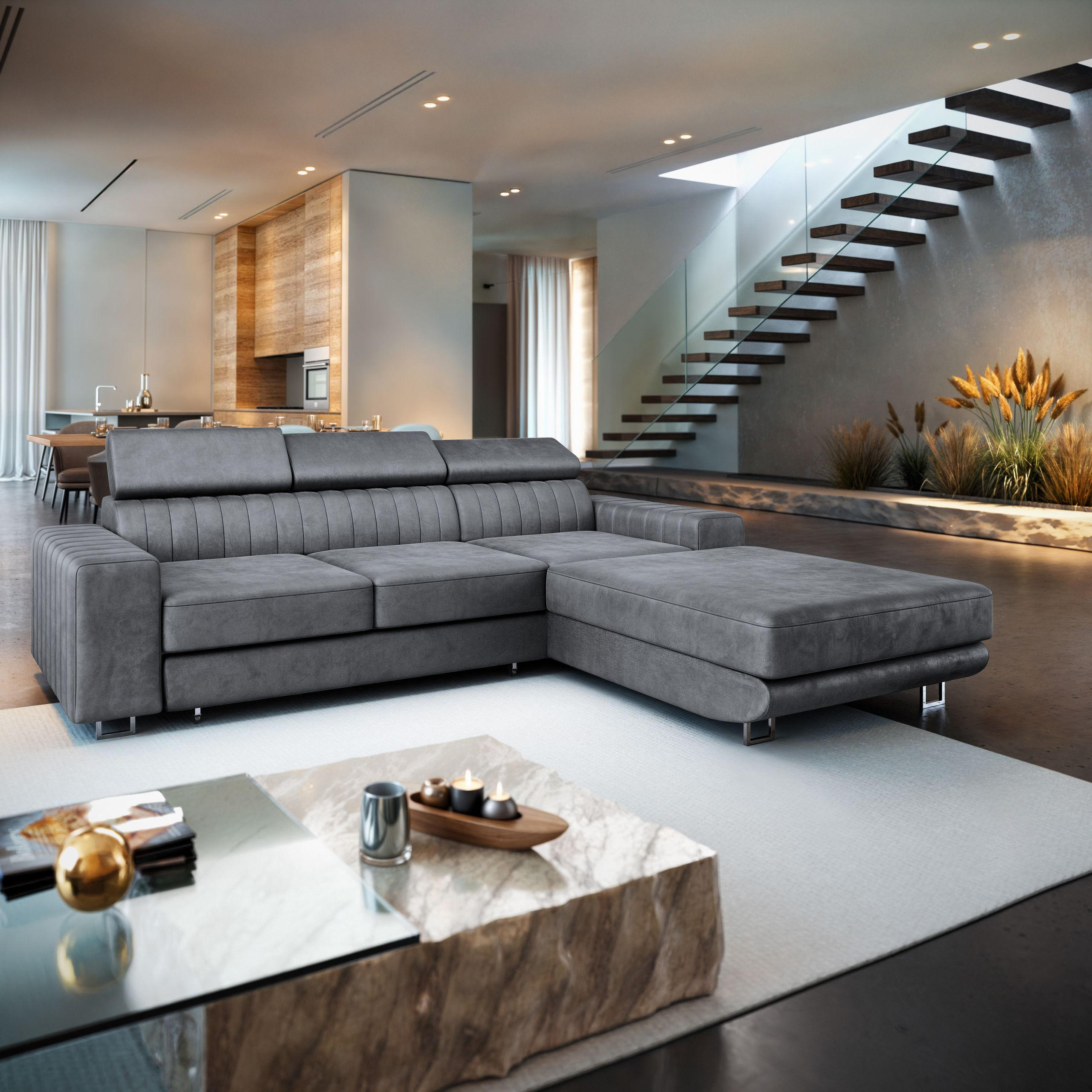 ECKSOFA NOTO R-S Grau Velours-Stoff mit Schlaffunktion - Grau, Holz (267/190cm) - MASSENO