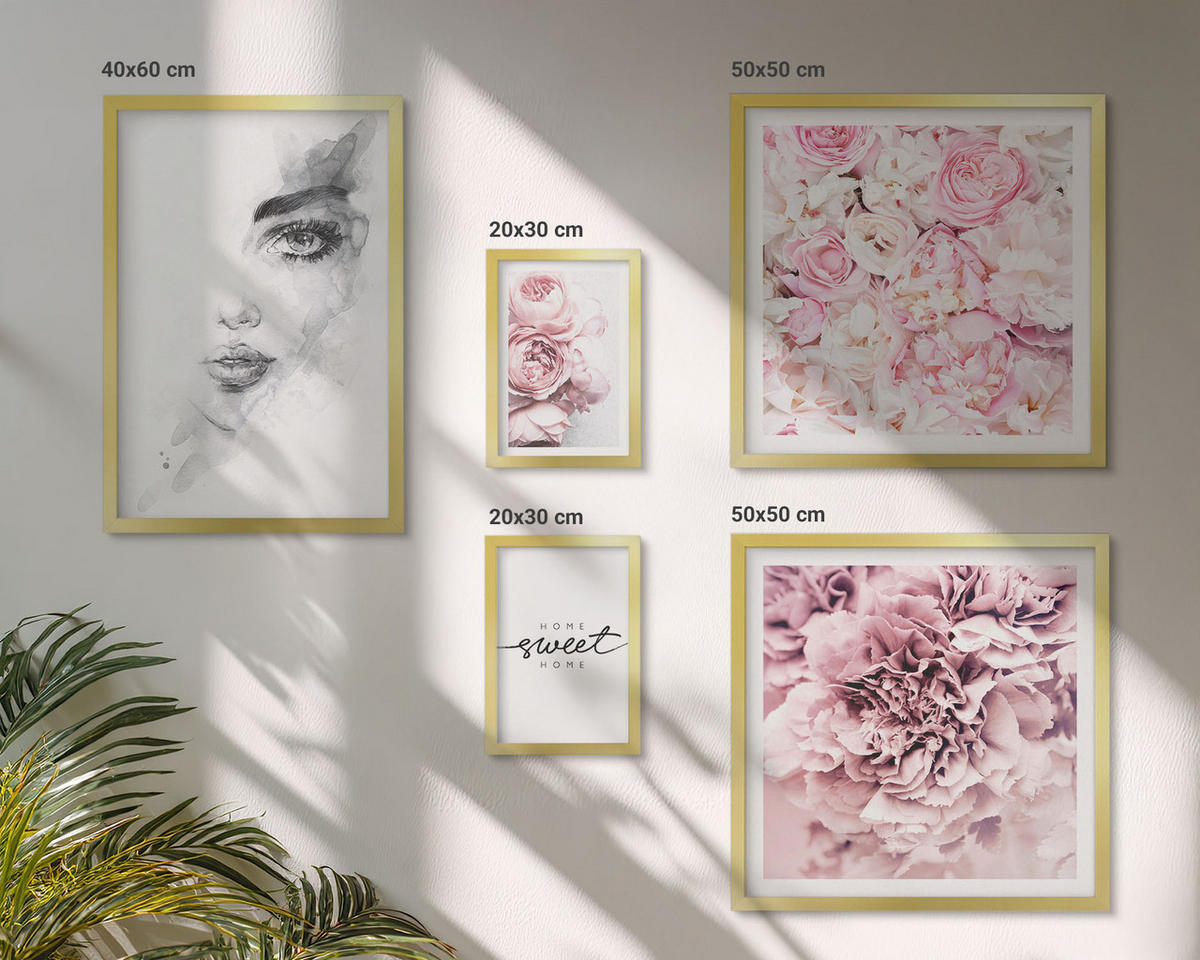 BILDER SET 5er Set - 50x50 cm & 20x30 cm & 40x60 cm Goldrahmen - Pfingstrosenporträt einer Frau zu Hause - Goldfarben, Kunststoff (40/60cm) - TULUP