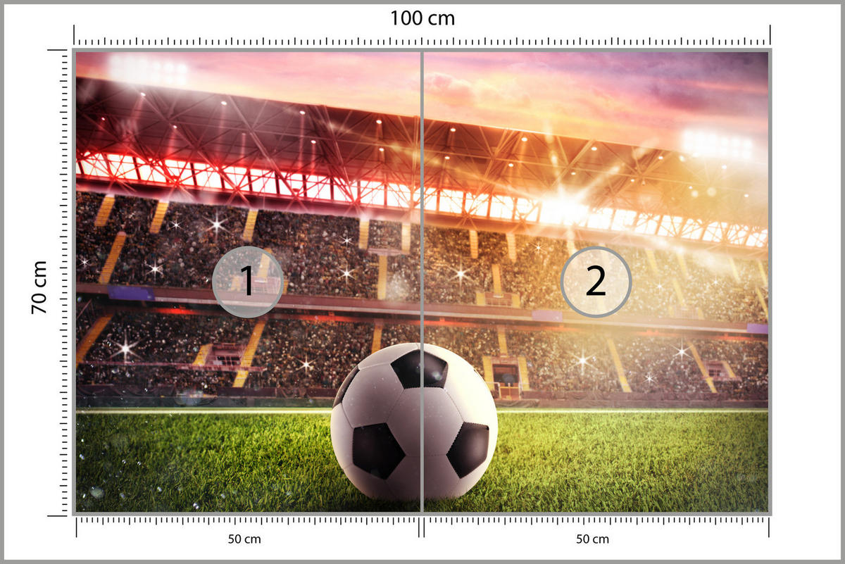 FOTOTAPETE für Jugendzimmer Fußballstadion Nachtlich Lichter Tribünen 100x70 - Gelb/Rot, Papier (100/70cm) - Muralo