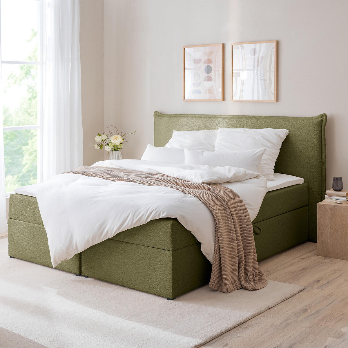 BOXBETT mit Stauraum - Bouclé - Olivgrün, Holzwerkstoff/Textil (180/200cm) - home24