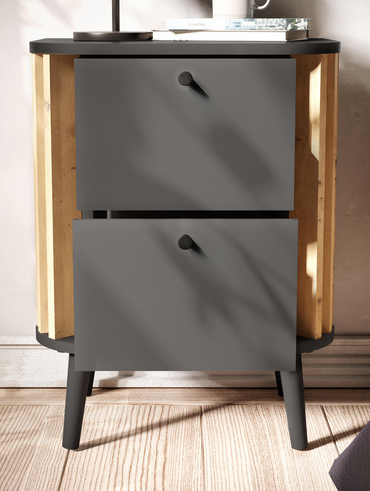 NACHTTISCH grau, Eiche Artisan 45 cm, Nachtkommode Boxspringbett geeignet - Schwarz/Eiche Artisan, Holzwerkstoff/Metall (33/60/45cm) - Inn.Furn