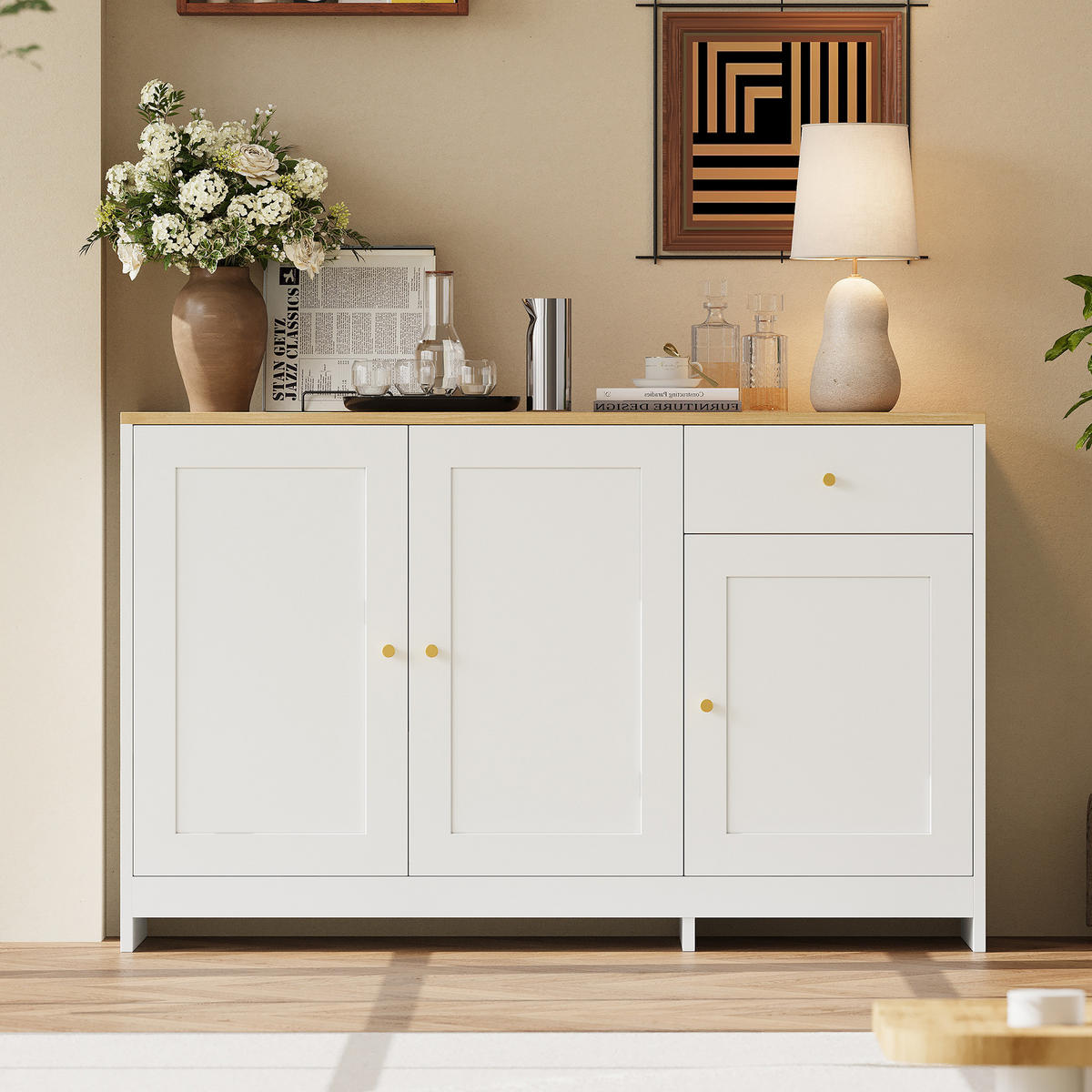 SIDEBOARD 120x40x75 cm mit 3 Türen und Schublade, Natur/Weiß - Weiß, Holz (120/75/40cm)