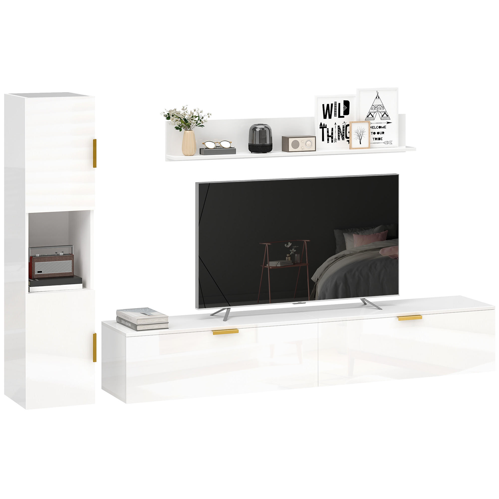 TV-BOARD DE-10902 schwebend mit Klapptüren Wandregal 180 cm Weiß - Weiß Hochglanz, Holzwerkstoff (33/30/180cm) - ComfortXL