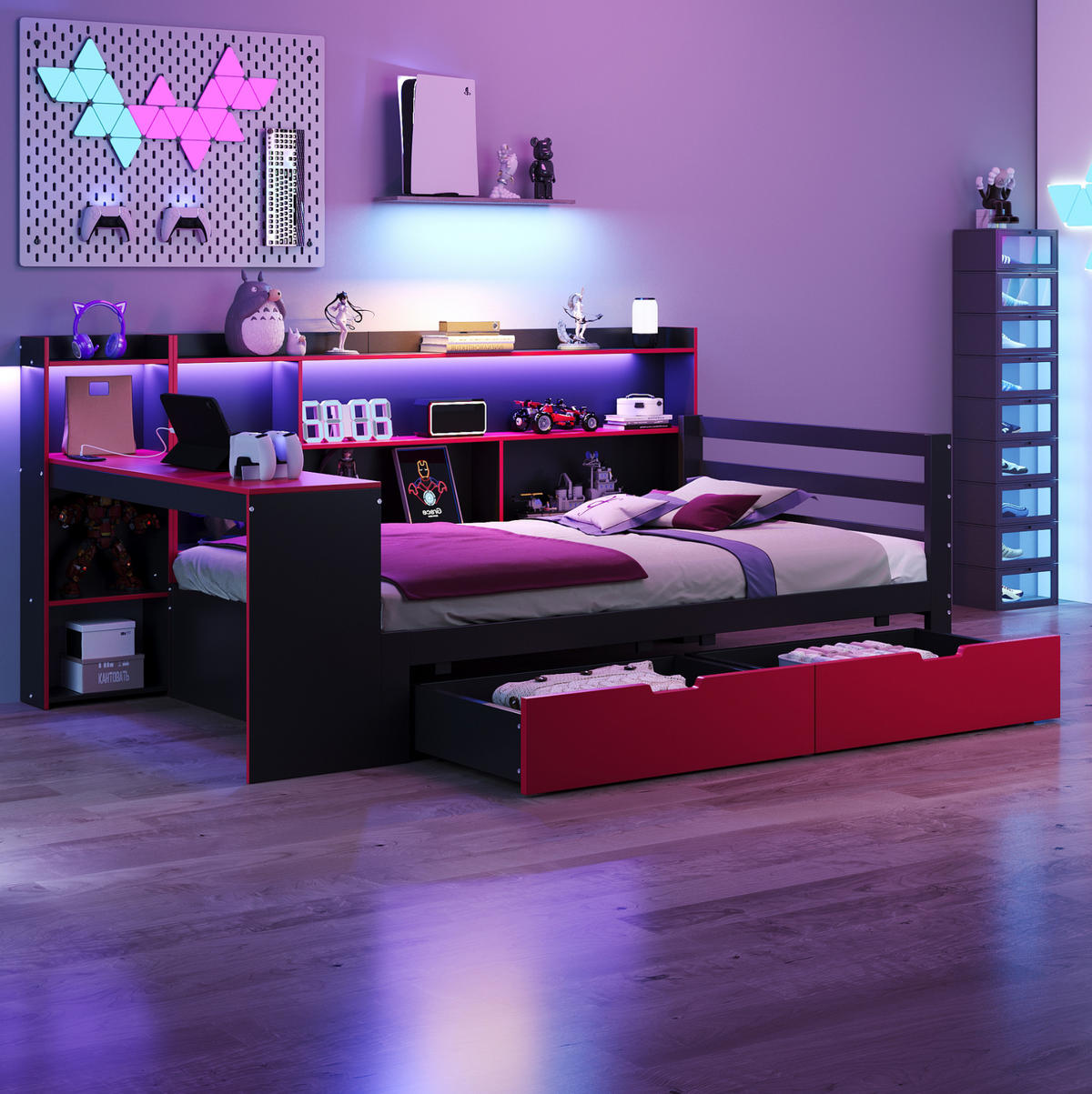 KREVET 90/200 cm s radnim stolom, policama, ladicama i LED osvjetljenjem, drveni okvir, Crna + Crvena - crna, drvni materijal (90/200cm) - Redom