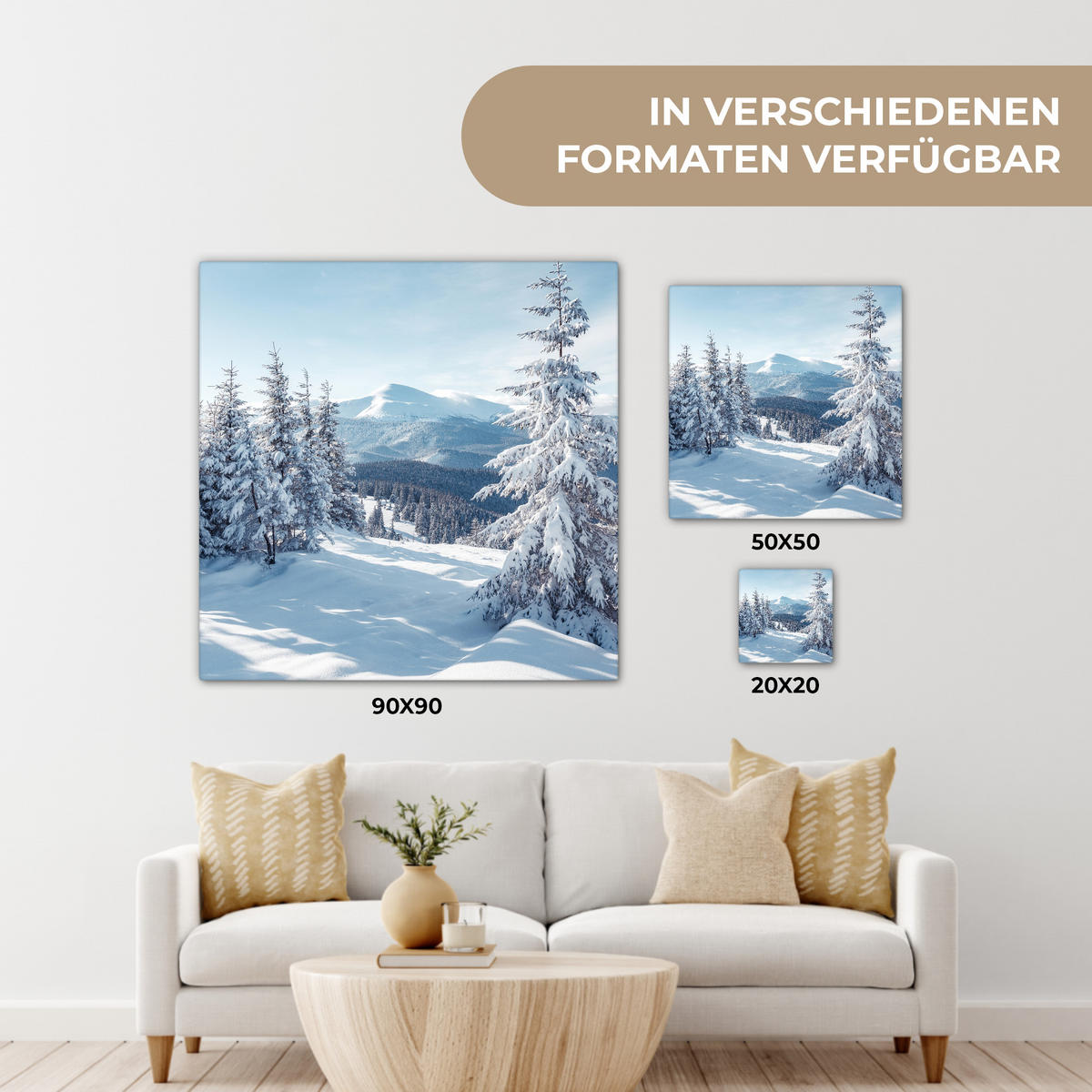 LEINWANDBILD Winterlandschaft - Natur - Berge - Bäume - Schnee 50x50 cm - Hellblau, Textil (50/50cm) - MuchoWow