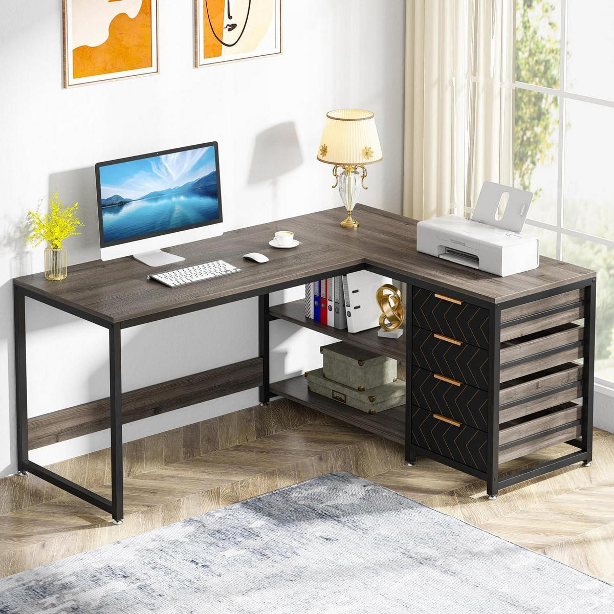 L-FORM Schreibtisch mit 4 Schubladen 150 x 110 x 75 cm Grau - Braun, Holzwerkstoff (110/150/75cm)