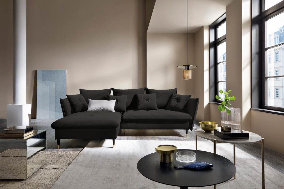 ECKSOFA GLAM mit Schlaffunktion, Ottomane & goldenen Füßen – Samtsofa im Glamour-Stil mit Zierkissen, 258x167x91cm, Linke, SCHWARZ - Schwarz, Holz/Textil (167/258cm) - DomoHome