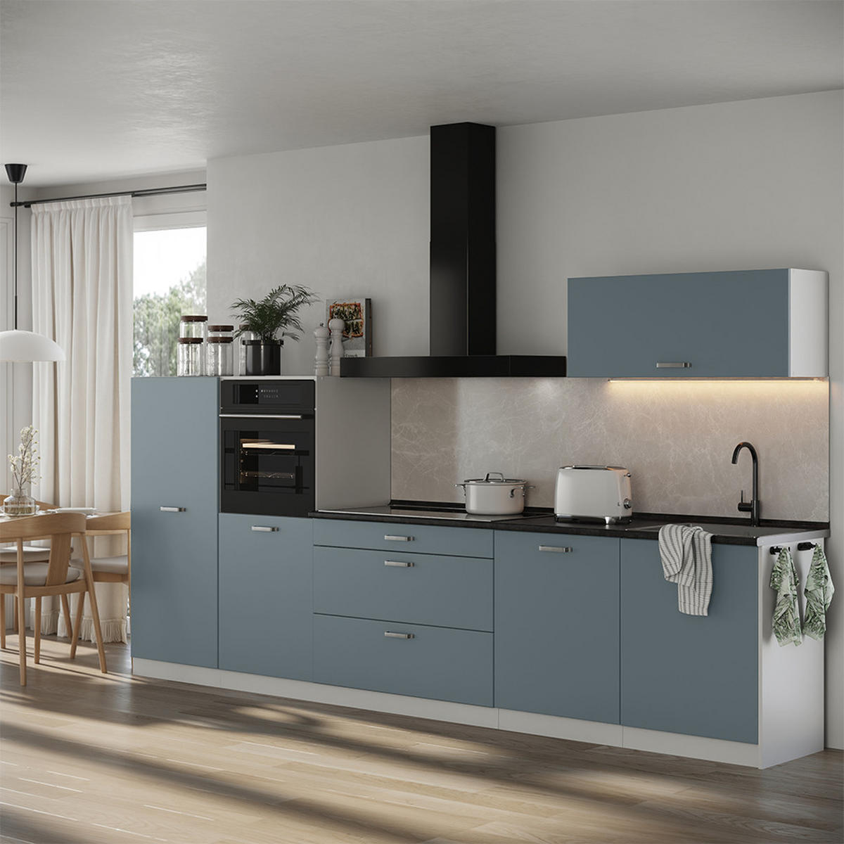 KUCHYNKA R-Line, Modrošedá/biely, 340 cm antrasiitti työtaso - biela/modrosivá, kompozitné drevo (340/143/60cm) - Vicco