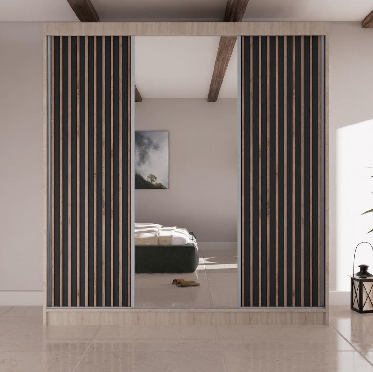 SCHWEBETÜRENSCHRANK Lico II 200/61/215 eiche sonoma+schwarz - Schwarz/Sonoma Eiche, Holzwerkstoff (200/215/61cm) - Beautysofa