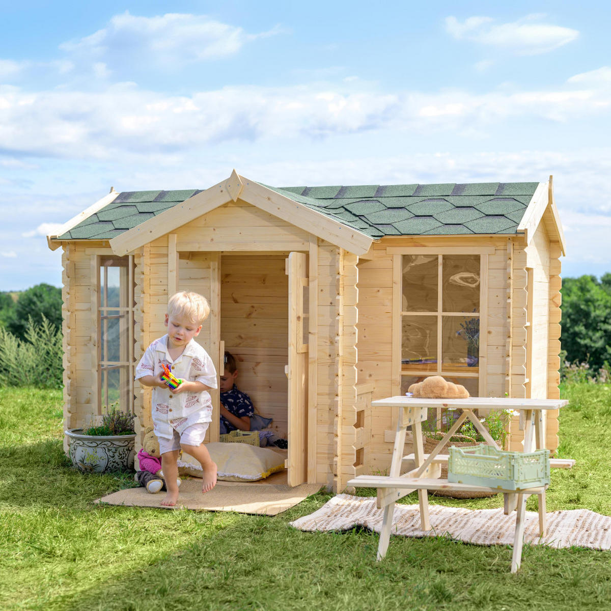 KINDERSPIELHAUS aus Holz - B241xT178xH151 cm/2.63m2 - M520 - Beige, Holz (241/151/187cm) - Timbela