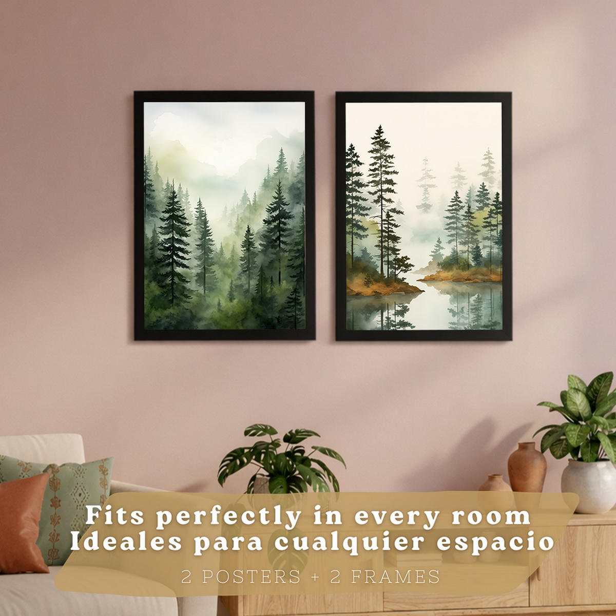 PLAKAT Sada 2 dekorativních tisků Nordic Forest Landscape obývací pokoj Obrázky - Zelené a hnědé dekorativní plakáty Obývací pokoj A4 černý rám - černá, papír (29.7/42/3cm)
