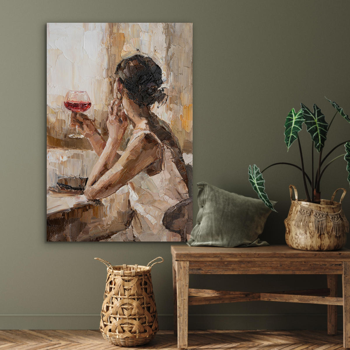 METALLBILD Ölgemälde - Frau - Wein 60x90 cm - Hellbraun, Metall (60/90cm) - MuchoWow
