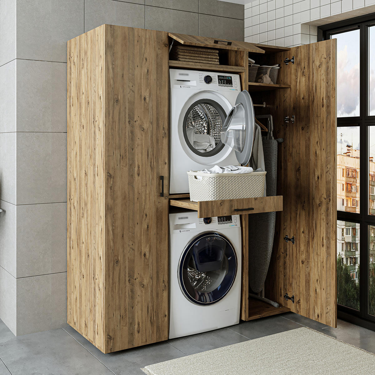 WASCHMASCHINENSCHRANK DUO-I 157cm Breit, 205cm Hoch - Eichefarben, Holzwerkstoff (157/205/67cm)