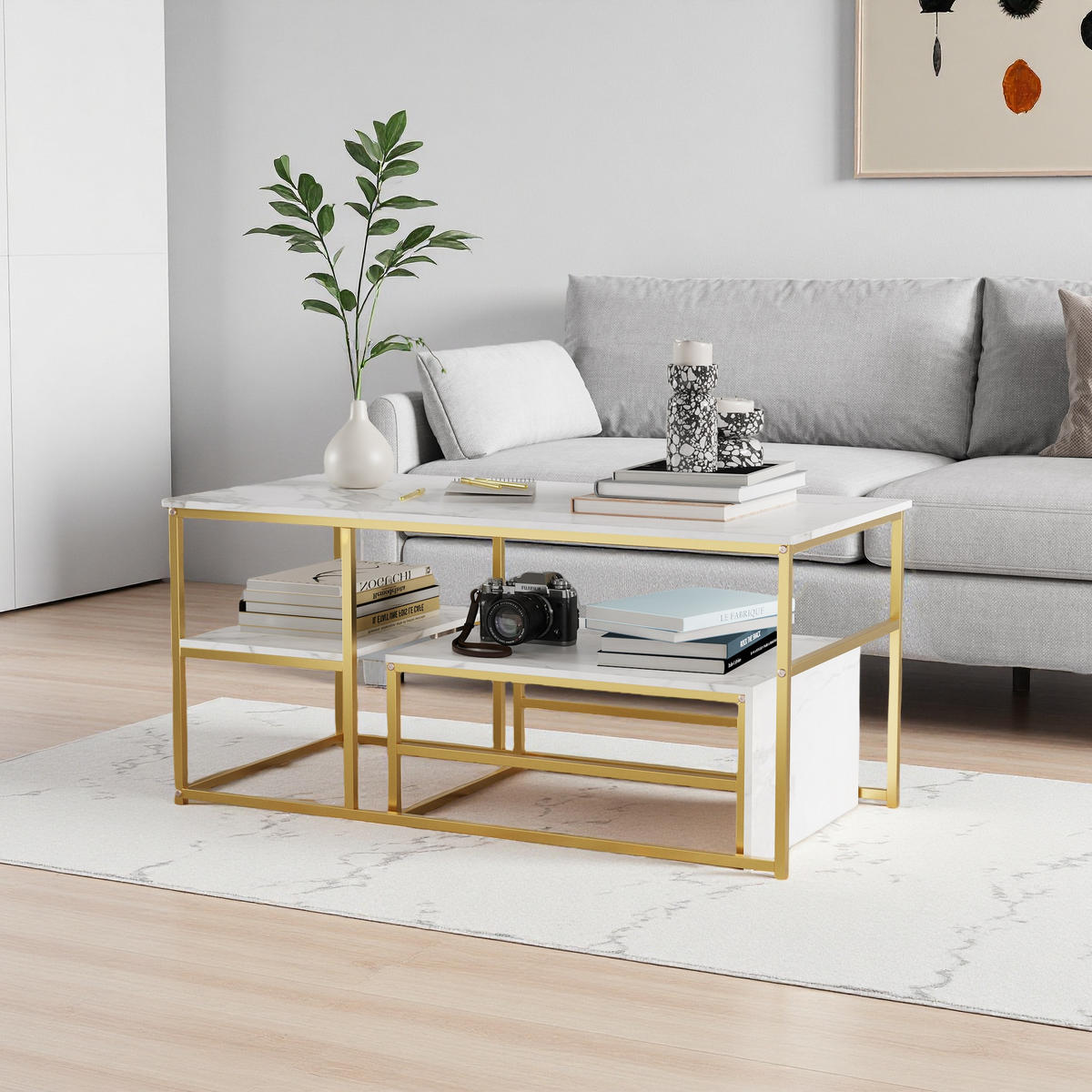 COUCHTISCH-SET Marmoroptik Weiß, Metallgestell Gold, 2er Set - Weiß, Metall (105/52/48.5cm) - SHOPENTRA