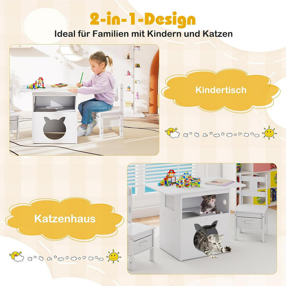 KINDERTISCH mit stuhl weiß(3-tlg) - Weiß, Holzwerkstoff (80/59/52cm) - COSTWAY