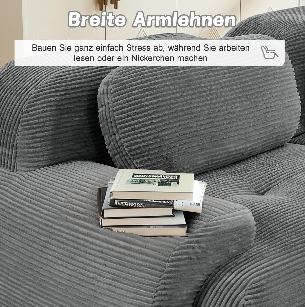 SOFA 208/178/70 cm in Grau aus Cord mit rutschfester Unterseite - Grau, Textil (178/70/208cm) - Flora Grace