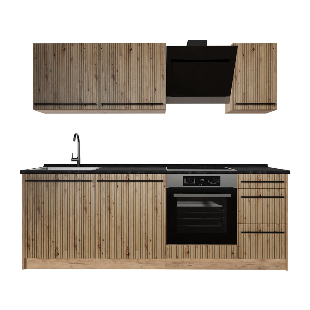 KÜCHENZEILE R-Line, Artisan-Eiche/Goldkraft Eiche, 220 cm ohne Arbeitsplatte - Honigeiche/Eiche Artisan, Holzwerkstoff (220/81.6/46cm) - Vicco