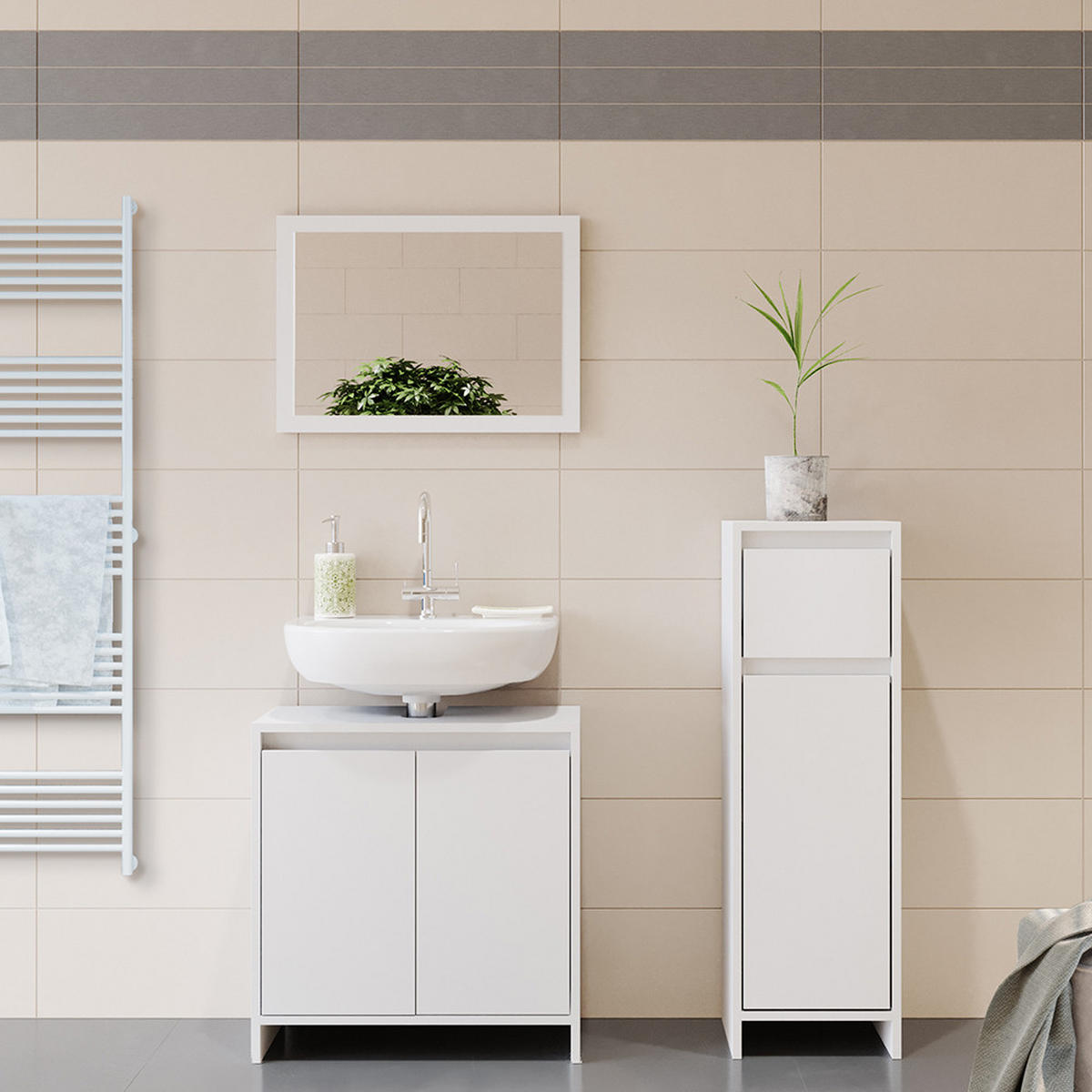 BADMÖBEL-SET Emma Weiß 3 Teile, mit Midischrank - Weiß, Holzwerkstoff (58/60/33cm) - Vicco