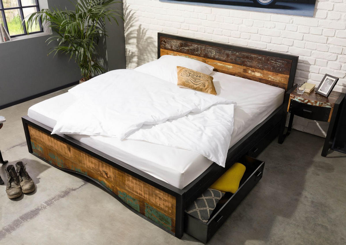 BETT mit Schublade Massivholz Altholz 180 x 200 x 90 mehrfarbig INDUSTRIAL #109 - Multicolor, Holz (180/200cm) - Massivmoebel24