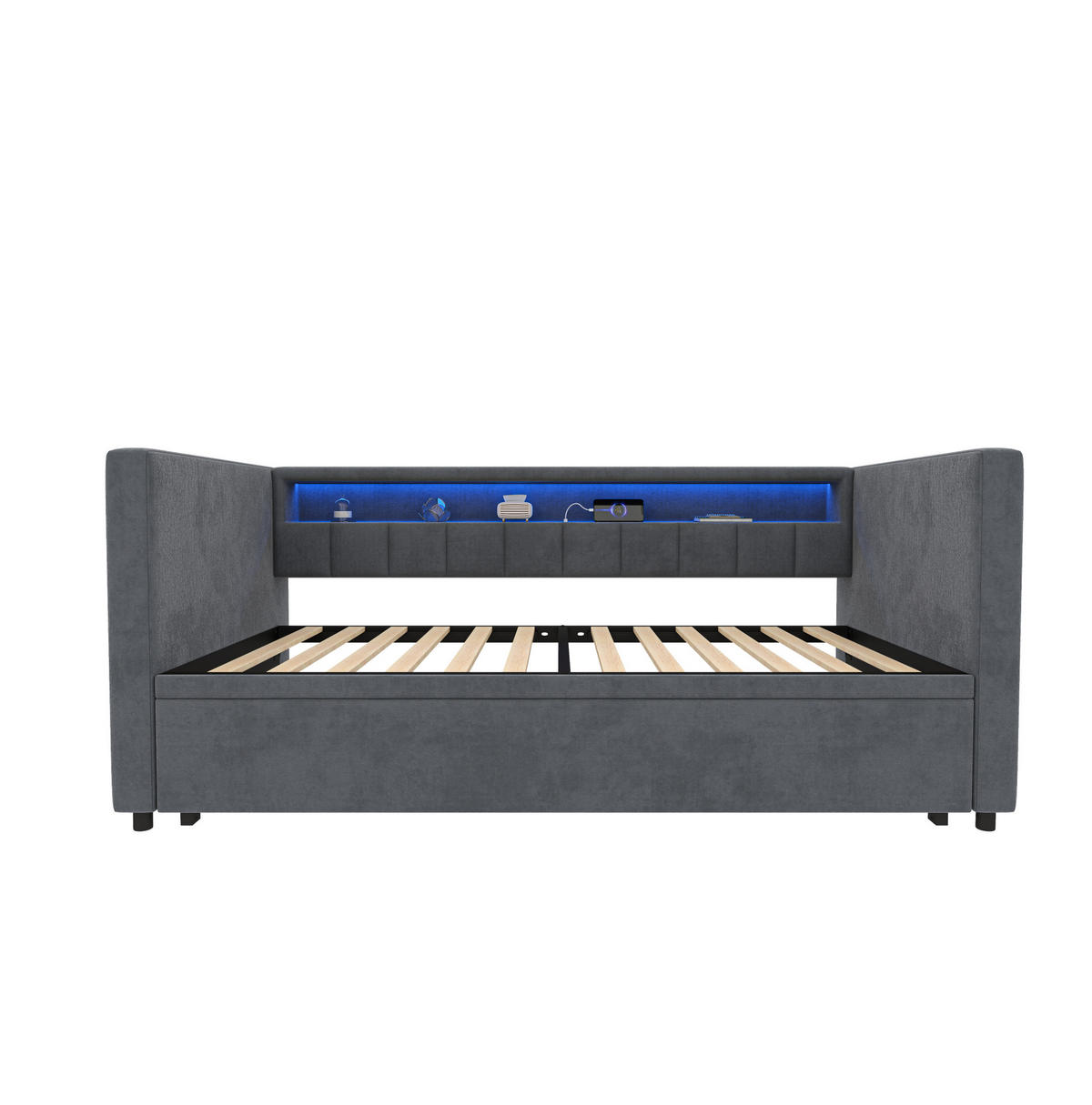 BETT mit Stauraum & Ausziehbett mit USB-C Anschluss und LED-Beleuchtung Beige 196/82-144/85 cm - Dunkelgrau, Textil - OKWISH