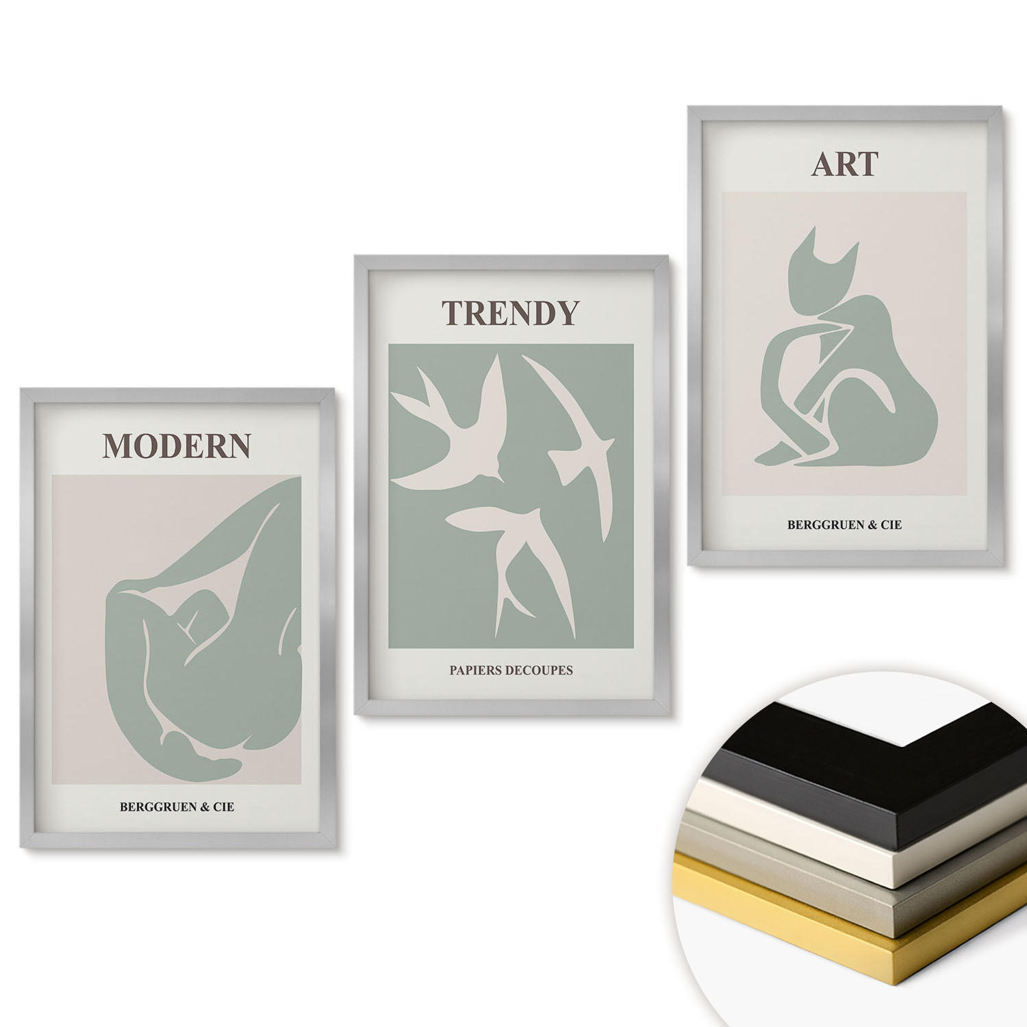 WANDBILDER 3er Set - 40x60 cm Silberner Rahmen - Matisse abstrakte Figuren - Silberfarben, Kunststoff (40/60cm) - ArtPrintCave
