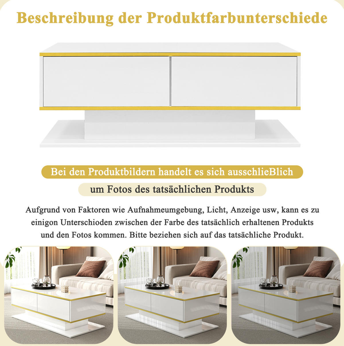COUCHTISCH aus Spanplatte 100x50x40 cm Weiß-Gold mit LED-Beleuchtung, 3 Schubladen und offenem Fach - Weiß, Holzwerkstoff (100/50/40cm) - IVMEU