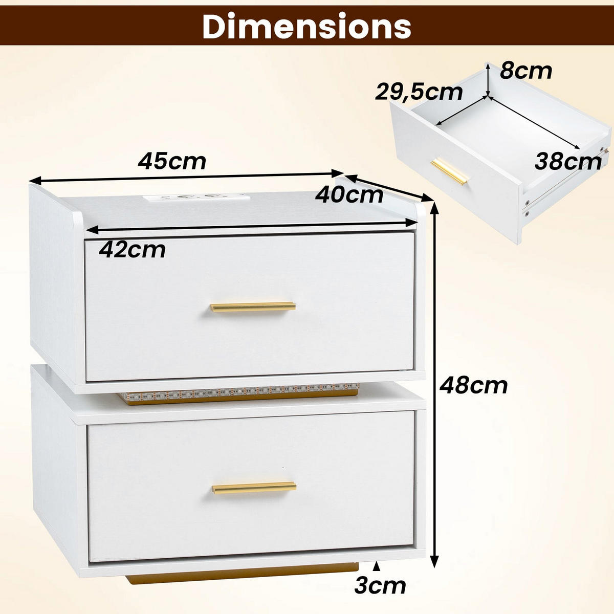 NACHTTISCH mit Ladestation und LED, 2 Schubladen, halb-schwebend, Weiß - Weiß, Holzwerkstoff/Metall (45/48/40cm) - DESIGN IN