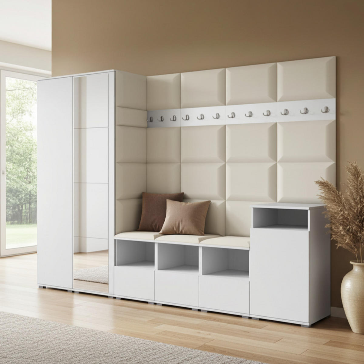 GARDEROBE NELA XII 300 cm (Modulare Flurmöbel Weiß mit Spiegel & Sitzpolster Creme 01 Gigantisches Set) - Silberfarben/Creme, Holz/Holzwerkstoff (300/187/40cm) - Ravio