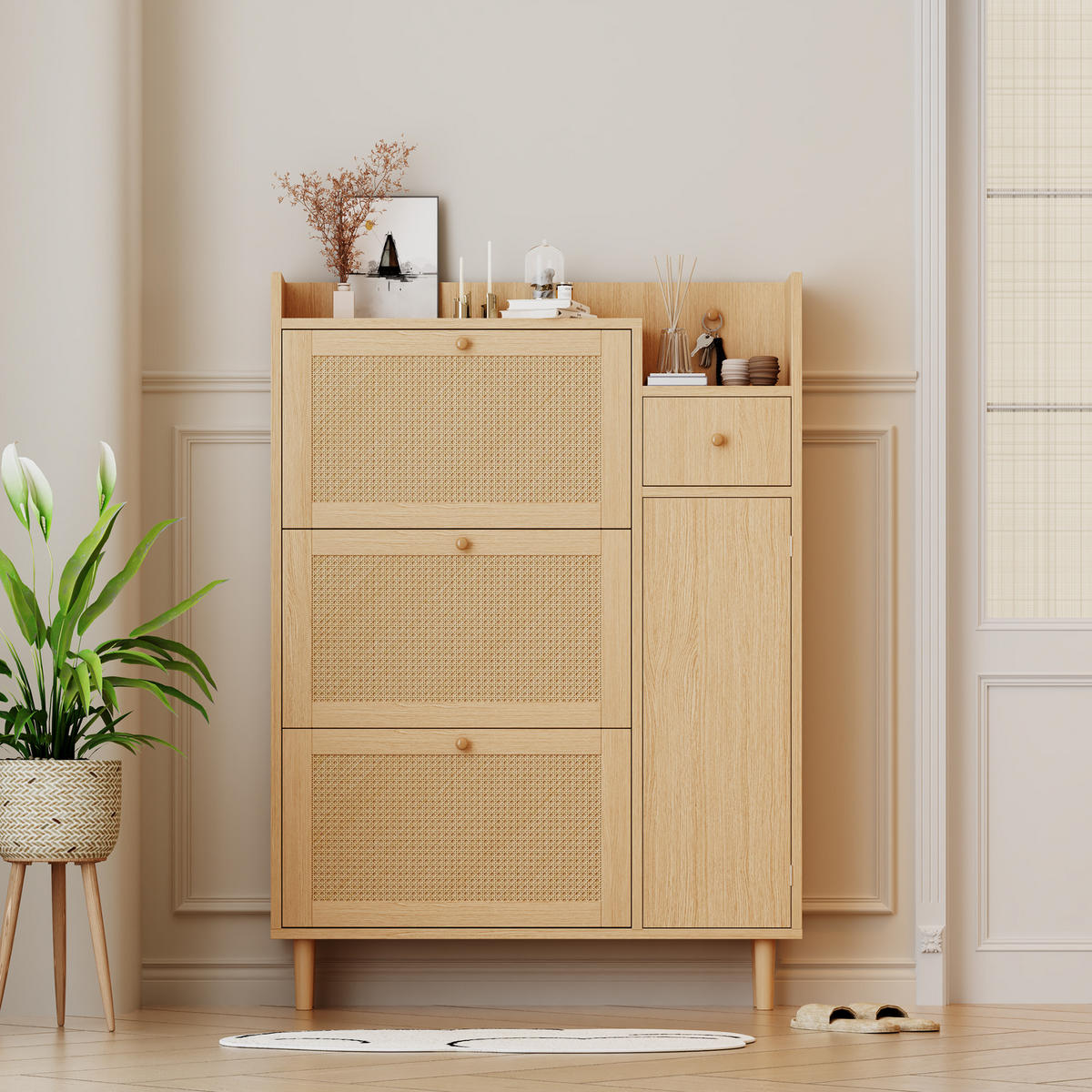 SCHUHSCHRANK Rattan schmal 3 Türen 90x17x125cm - Naturfarben, Holzwerkstoff (17/125/90cm) - FLIEKS