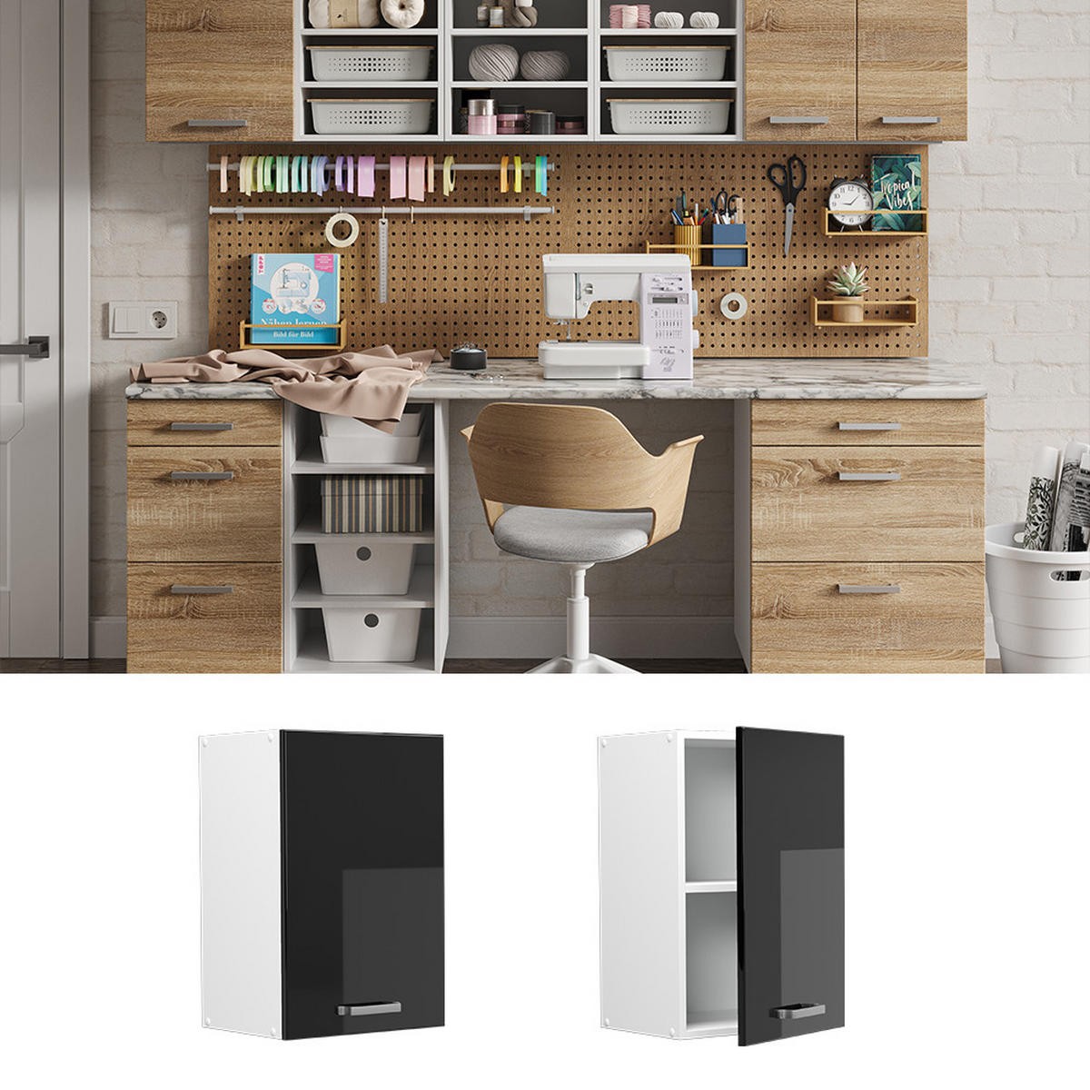 UNIVERZÁLNÍ NÁSTĚNNÁ SKŘÍŇKA R-Line Černý vysoký lesk - bílá/vysoce lesklá černá, kompozitní dřevo (40/60/31cm) - Vicco