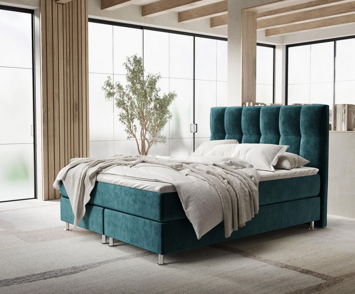 BOXSPRINGBETT Elisio Türkisfarben 200/200 cm mit Latex-Topper - Türkis/Silberfarben, Holz/Holzwerkstoff (200/200cm) - Maison de Reve