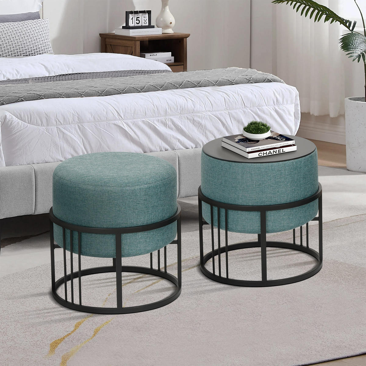 SADA STOLIČEK 2 KS Tas - černá/zelená barva, kov/kompozitní dřevo (38/38/38cm) - [en.casa]