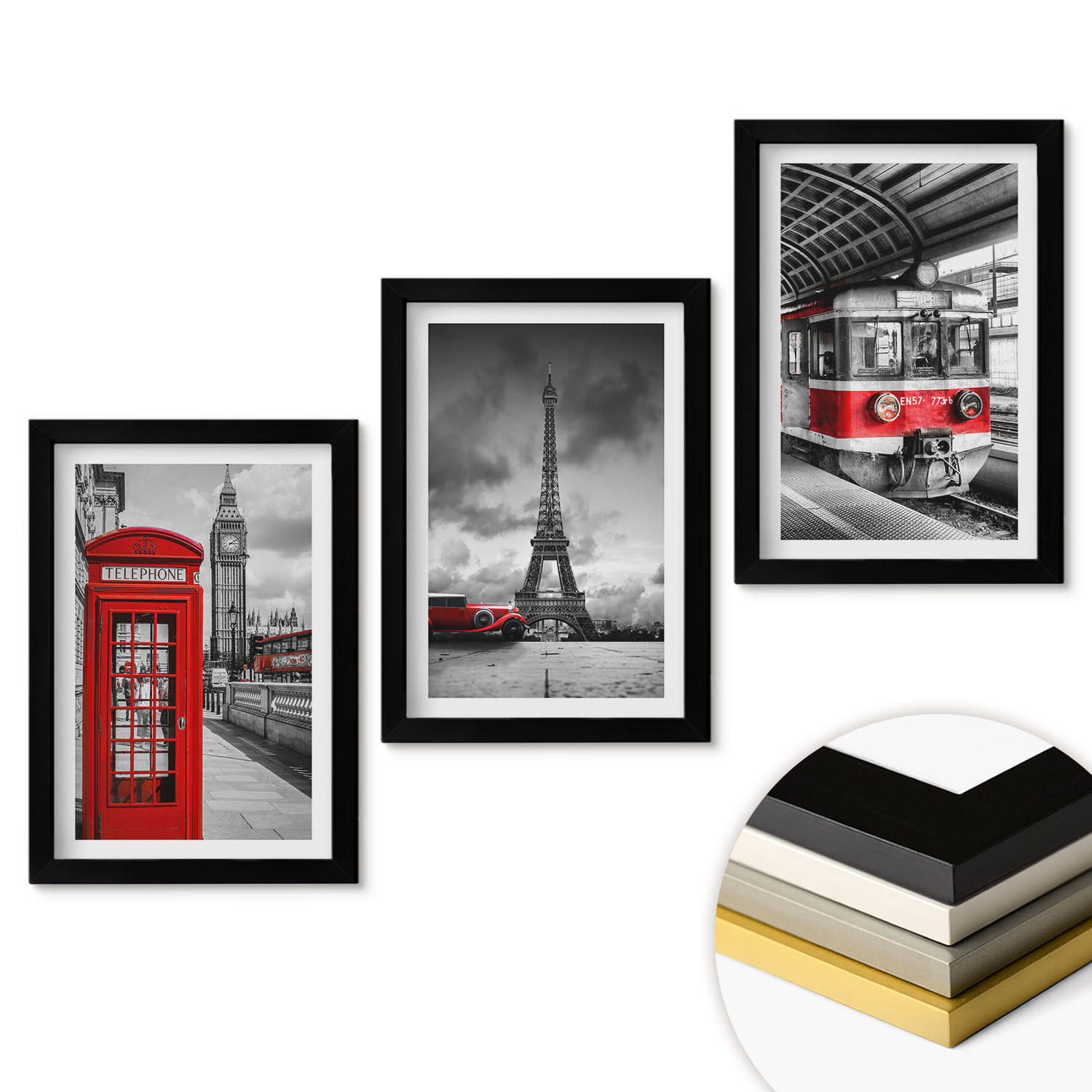 WANDBILDER 3er-Set - 20x30 cm Schwarzer Rahmen - Ikonen London Paris Verkehr - Schwarz, Kunststoff (20/30cm) - ArtPrintCave