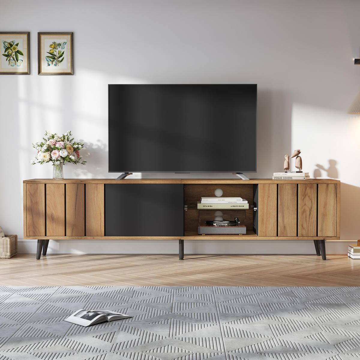 TV-SCHRANK 175x31cm Lowboard 3 Schränke Naturholz & Schwarz bis 75 Zoll - Braun, Holz (41.91/21.01/104.78cm) - FLIEKS