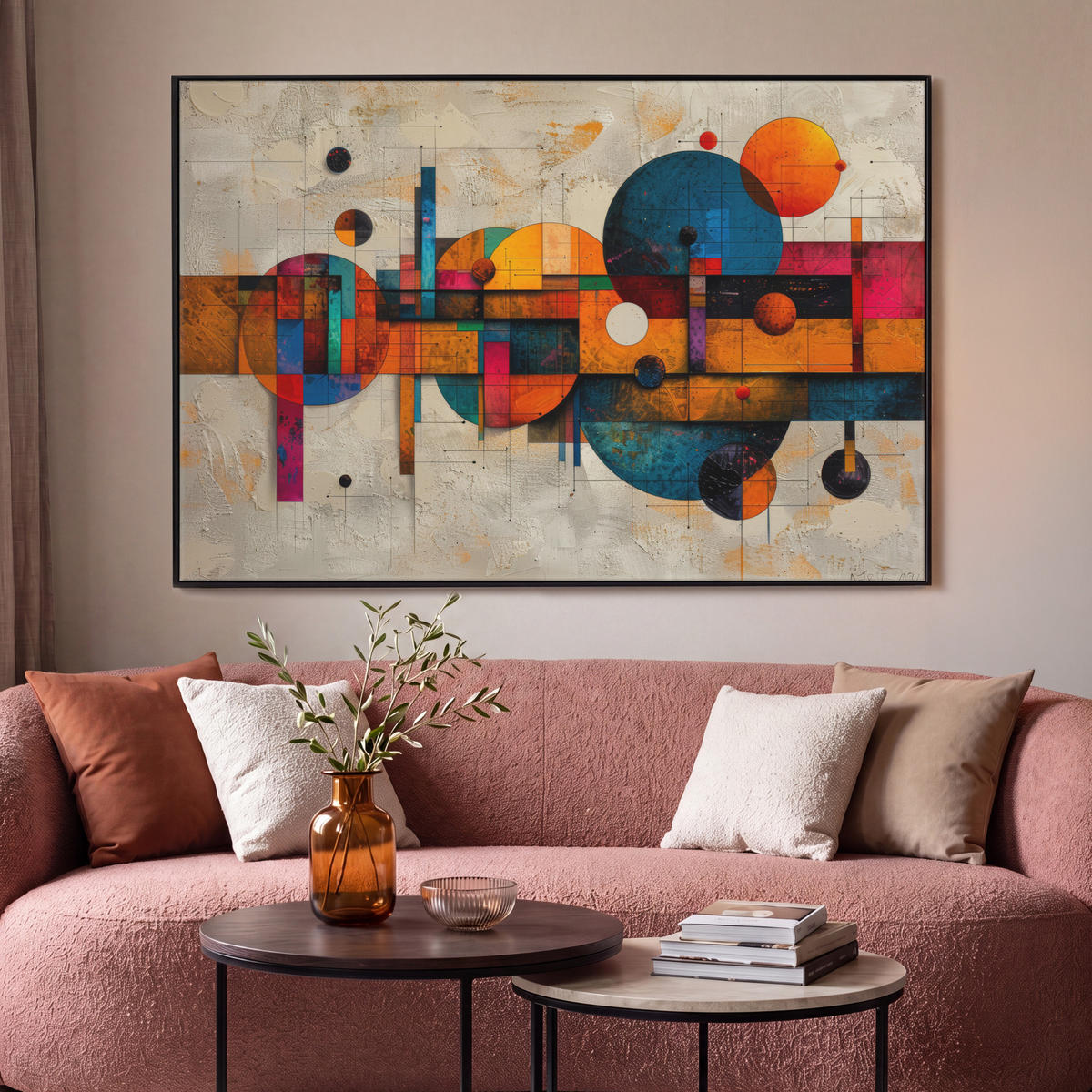 LEINWAND Bilder mit Rahmen - Vintage - Moderne Kunst - Orange - Geometrische Formen - 140x90 - Multicolor, Textil (140/90cm) - MuchoWow