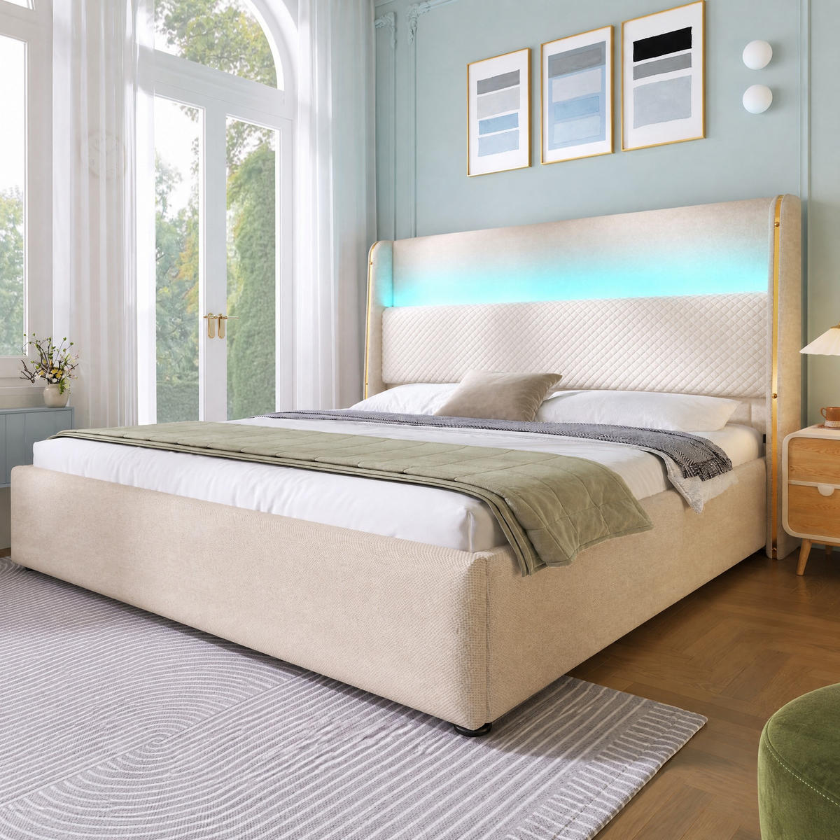 POLSTERBETT 140/200 mit Bettkasten, LED und USB in Beige - Beige, Holzwerkstoff/Textil (140/200cm) - EVRYAE