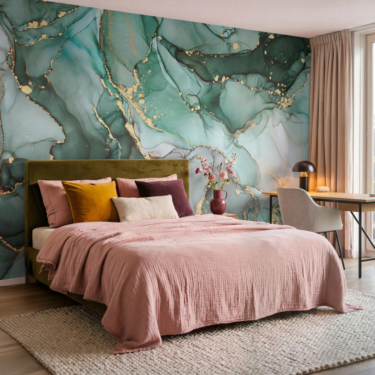 TAPETE - Gold - Marmor - Grün - Luxus - Marmoroptik - Grau - 350x220 cm - Grün, Papier (350/220cm) - OnlyWow
