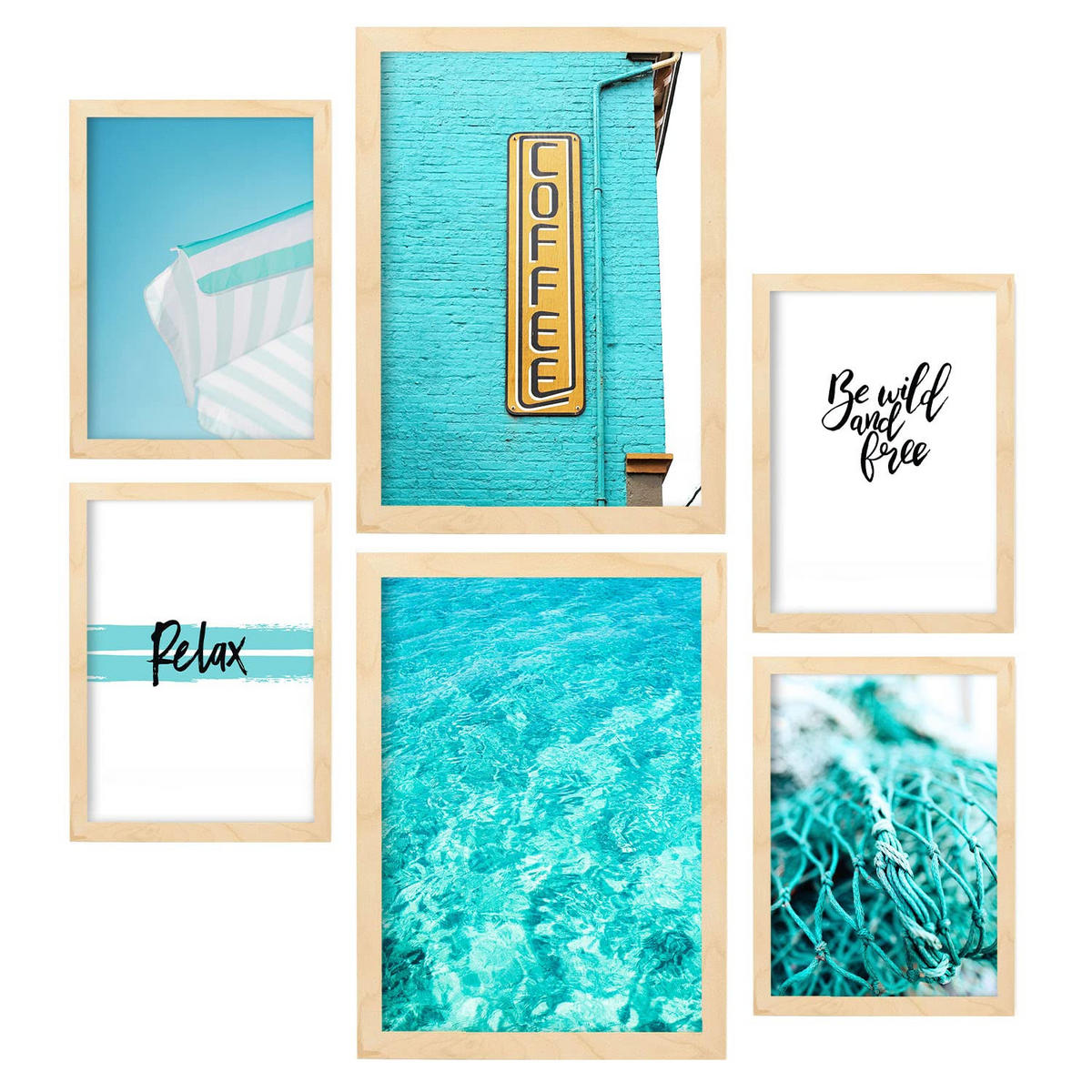 POSTER Set Mit 6 Sommertag A3 & A4 Rahmen Aus Hellem Holz - Beige, Papier (29/3cm) - Nacnic