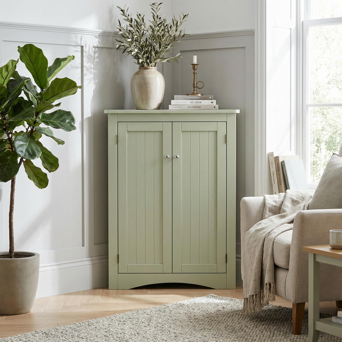 HÖRNSKÅP I Grönt 90 cm med 2 Dörrar & 3 Hyllplan - Mintgrön, Träbaserade material (61/90/34cm) - Urban Meuble
