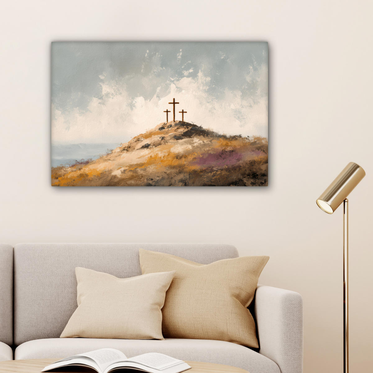 LEINWANDBILD Hügel - Abstrakt - Christentum - Kreuz Wanddeko 90x60 cm - Hellgrau, Textil (90/60cm) - MuchoWow