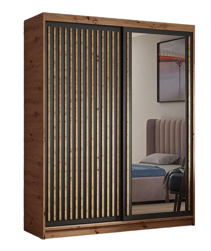 SCHWEBETÜRENSCHRANK Dora 160 cm mit Lamellen und Spiegel 2-türig, artisan, schwarz, Lamelle artisan - Schwarz/Eiche Artisan, Kunststoff (160/205/60cm) - Margaret Hadas24