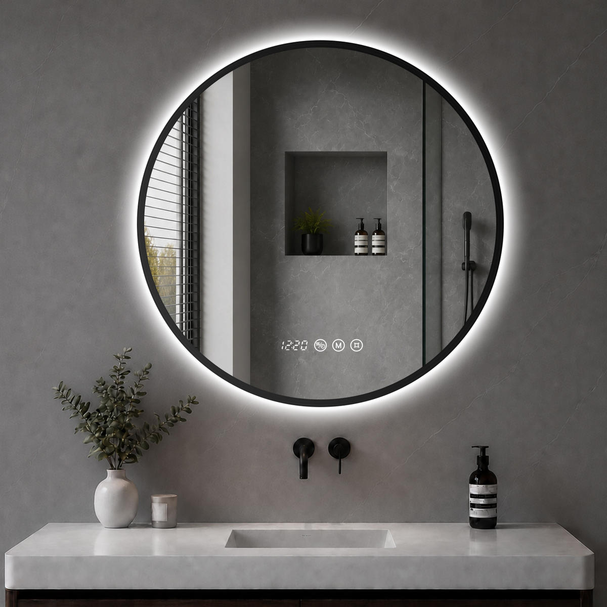 BADSPIEGEL mit Beleuchtung 70 cm rund schwarz mit Aluminiumrahmen, LED dimmbar und Antibeschlag - Schwarz, Glas (70/70/3.3cm) - S'AFIELINA